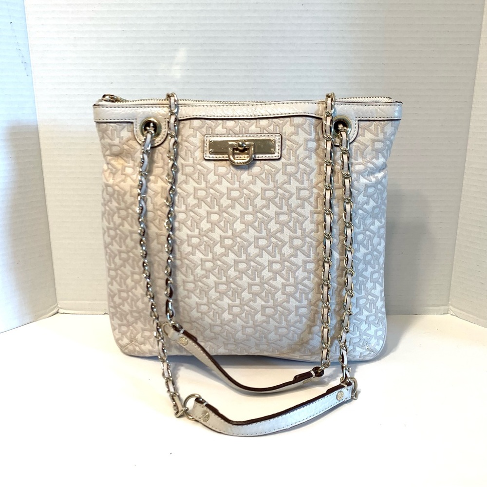 DKNY White Signature Canvas Leather Chain Shoulder Bag Cross Body Purse Monogram
